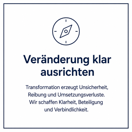 Kompasssymbol mit Text über die Ausrichtung von Veränderungen und Klarheit.