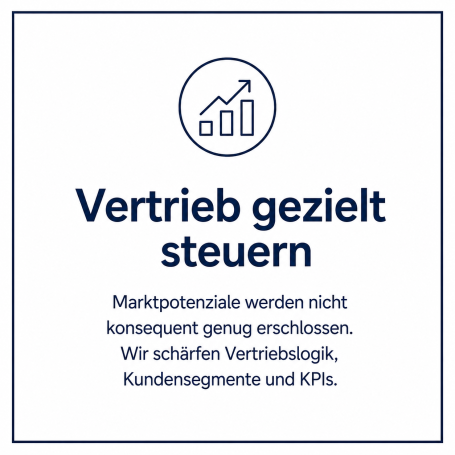 Text in Großbuchstaben: "Vertrieb gezielt steuern" mit Diagramm-Icon.
